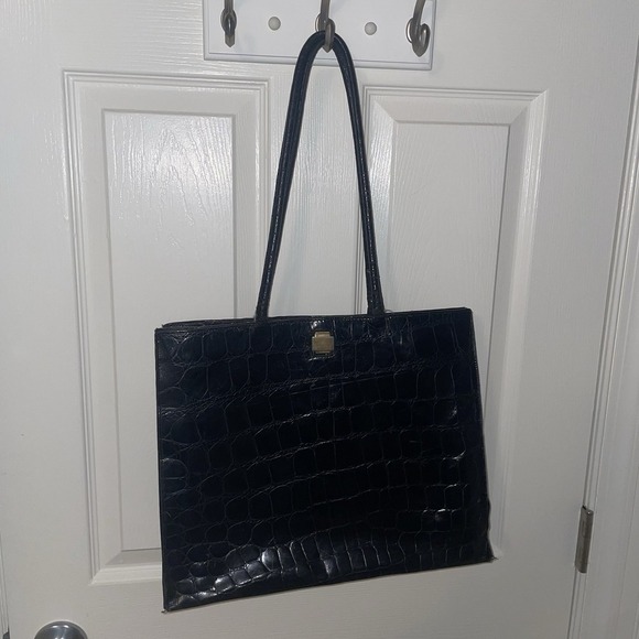 FURLA Vintage Black Tote Shoulder Bag Purse Crocodile Embossed Structured Square - Picture 11 of 13